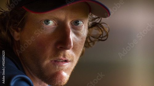 Close-up of professional baseball player in uniform, intense expression as he prepares to throw the ball during a high-stakes playoff game, capturing the focus and determination of the athlete.