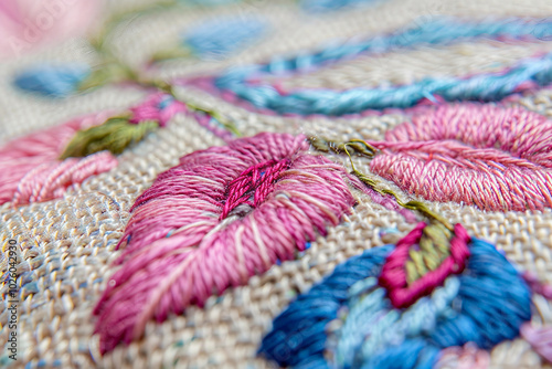 A person is skillfully embroidering a floral design on a soft blue fabric generative AI image