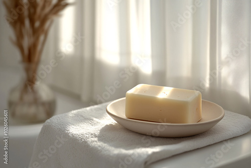 Minimalist Bathroom Decor: A Bar of Soap on a White Towel