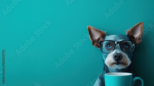 A dog sporting glasses sits with a coffee cup against a blue backdrop, representing a blend of intelligence and humor in a minimalist style often seen in cafes.