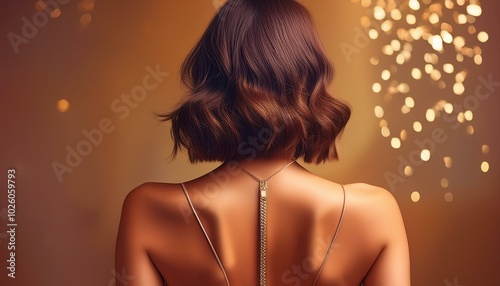 a brunette woman with short hair, nude shoulders and bare back on brown background, back view 