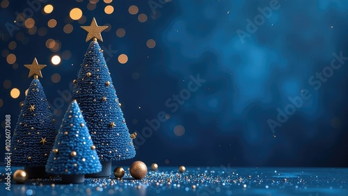 Blue and gold Christmas tree toys on a dark blue background, Christmas tree, festive atmosphere, free space for text