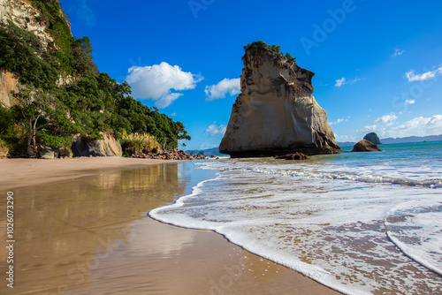 Landscape View in Te Whanganui-A-Hei (Cathedral Cove) Marine Reserve in Coromandel Peninsula North Island, New Zealand.