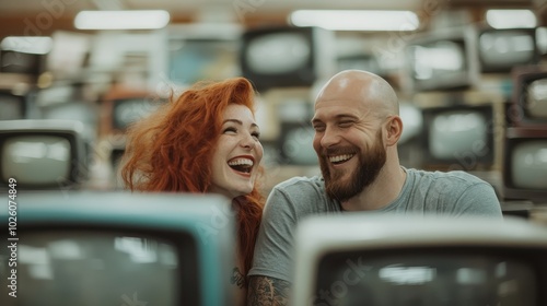 A couple laughs heartily while exploring a retro television store, capturing a moment of joy and connection amid rows of vintage TVs, showcasing a vibrant and nostalgic scene.