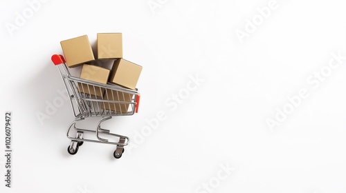 Shopping cart filled with cardboard boxes on white background, symbolizing online shopping and delivery services.