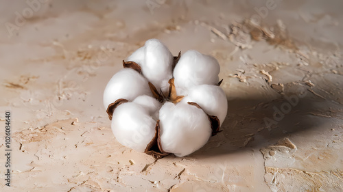 Close-up of a fluffy cotton boll on a textured surface, highlighting its natural fibers and organic beauty.