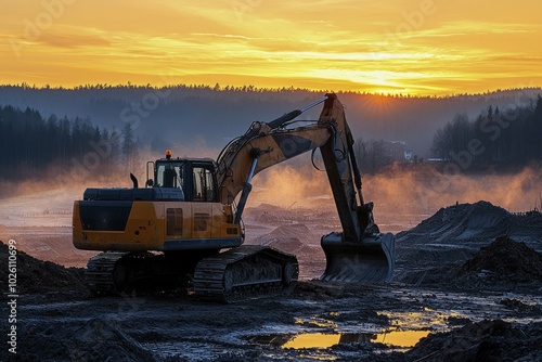 Excavator at Dusk with a Golden Sky and Reflecting Puddle