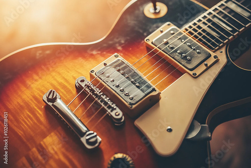 Close-Up of Electric Guitar Body with Wooden Finish and Warm Background - Sleek Minimalist Music Design