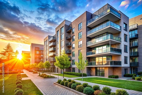 Modern Apartment Complex in Morning Sunlight - Stylish Residential Development