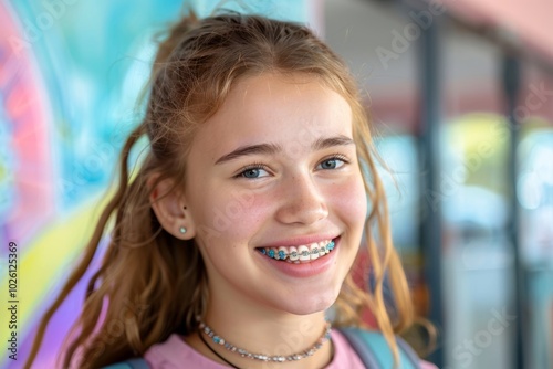 Close-up portrait of smiling teenage girl with braces standing outdoors.