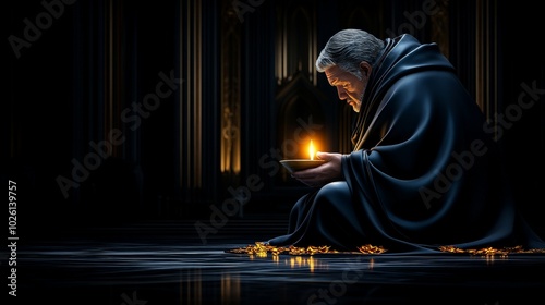 The Keeper of the Flame: A solitary figure, cloaked in darkness, kneels in reverence, holding a flickering candle. The image evokes a sense of mystery, contemplation, and spiritual devotion.