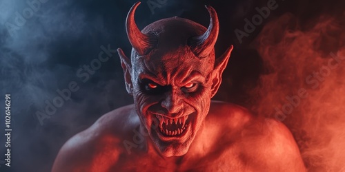 A menacing demon figure with horns and an intense glare, surrounded by swirling smoke and dramatic lighting.