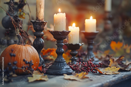 Candles in vintage holders with a pumpkin, berries, and autumn leaves create a cozy and rustic fall atmosphere