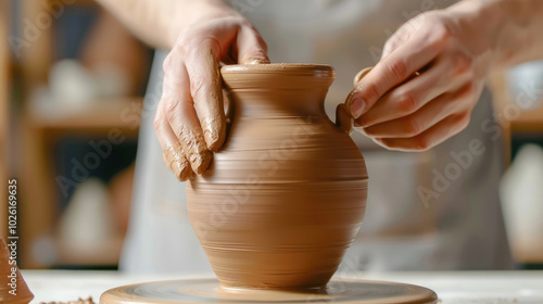 Potter making handle of clay pot in workshop