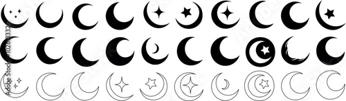 Crescent moon icon collection features varied crescent designs with stars, decorative patterns in black. Perfect moon vector set for celestial themes, spiritual designs, or astronomical projects