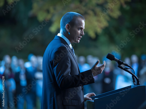 Un político dando un discurso de noche frente a la audiencia 