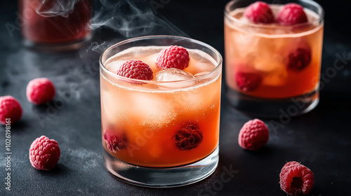 Close-up of refreshing raspberry cocktail in a glass with ice cubes and whole raspberries, on a dark background with additional raspberries scattered around.