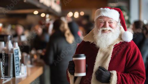 Santa impatiently waiting in line at a crowded coffee shop, holding a Merry Stressmas mug, visibly frustrated