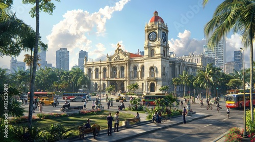 A hyper-realistic and atmospheric scene of Manila City Hall on a bright afternoon. The iconic neoclassical building stands tall with its cream