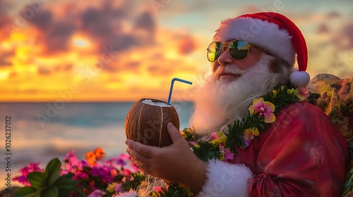 Wearing a lei and sunglasses, Santa Claus relaxes with a coconut drink by the beach as the sun sets, combining holiday fun with a tropical touch.