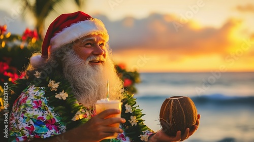 Santa Claus, sporting sunglasses and a lei, sips a coconut drink by the beach at sunset, mixing festive cheer with tropical flair.