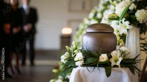 urn of the deceased with flowers at a somber memorial ceremony close-up