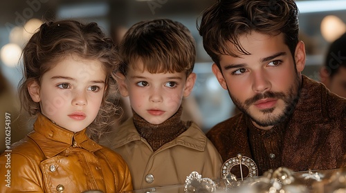 A family selling their heirloom jewelry in a vintage shop to keep up appearances, showing concern and emotional attachment in a nostalgic environment with carefully arranged displays Ultra-Realistic 