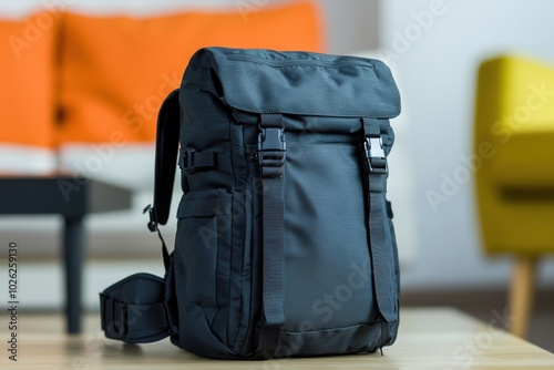 Stylish black backpack placed on table, modern interior in background.