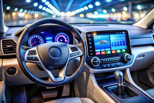 A car dashboard with a large screen and a steering wheel