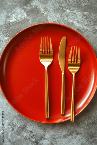 Elegant red plate set with golden fork and spoon arranged on a textured gray surface