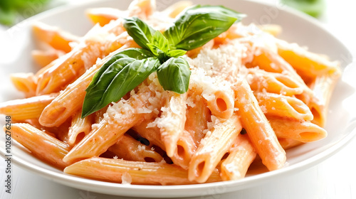 creamy pink vodka sauce coats al dente penne pasta steam rises from the artfully plated dish garnished with fresh basil and grated parmesan set against a clean white background