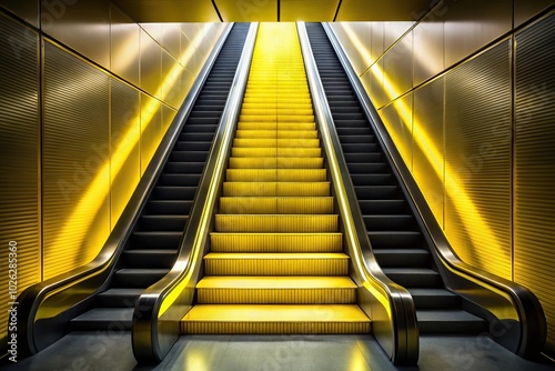 Modern escalator with black and yellow design, yellow step