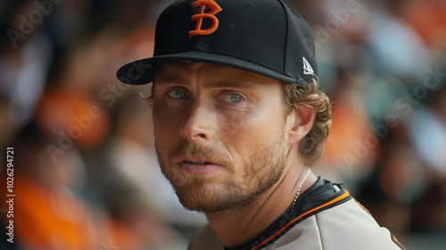 Close-up of professional baseball player in uniform, intense expression as he prepares to throw the ball during a high-stakes playoff game, capturing the focus and determination of the athlete.