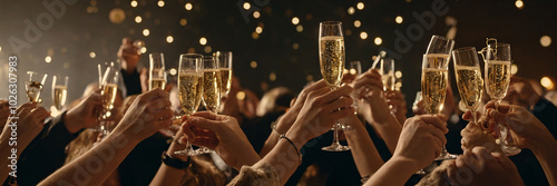 Sparkling champagne flutes with festive Christmas background. Happy New Year and wedding concept. Banner