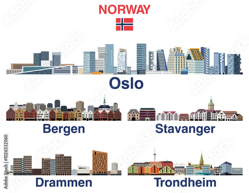 Norway main cities skylines isolated illustrations. Vector set