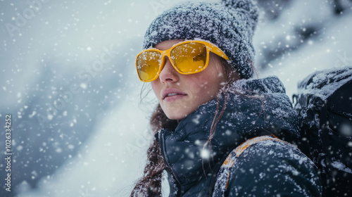 Portrait of a woman in sunglasses against the background of snowy mountains. Winter holidays and vacations concept