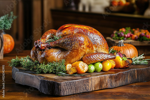 Juicy garnished turkey on wooden board surrounded by autumn vegetables evokes a cozy Thanksgiving atmosphere room