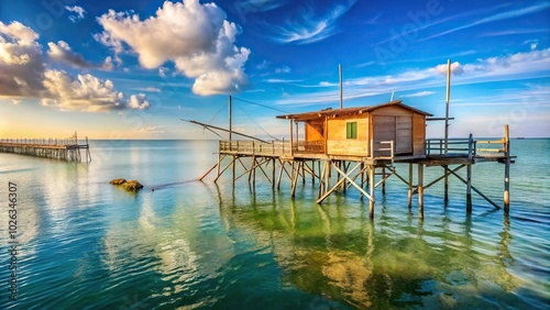 Seascape of Giulianova Teramo Abruzzo with wide-angle view of typical fishing structures