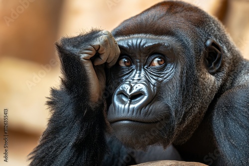 Close-up of a gorillaâ€™s hand, with the wrinkles and fur texture shown in vivid detail, resting on a rock as it looks pensively at the visitors