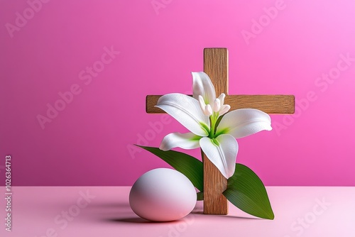 Minimalist Easter cross, a simple wooden cross adorned with a single white lily against a soft pastel background, symbolizing hope and renewal