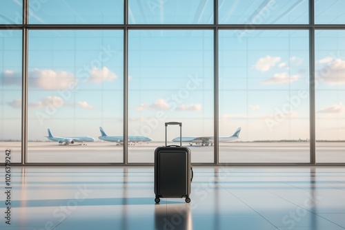 Luggage in bright airport terminal with planes visible through large windows.