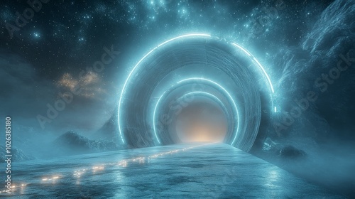 Futuristic Glowing Gateway with Road and Stars