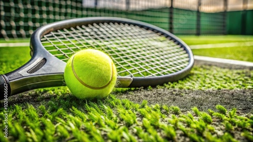 Paddle tennis racket ball and net on the grass Extreme Close-Up