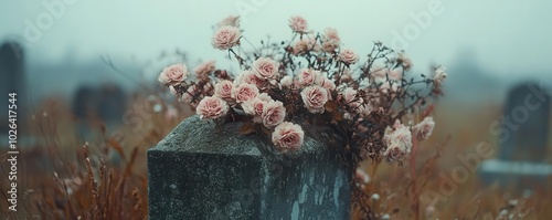 Gravestone with wilted flowers under a gray sky, mourning, quiet reflection in a cemetery