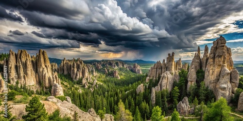 panorama of needle spires storm clouds needles highway black hills South Dakota