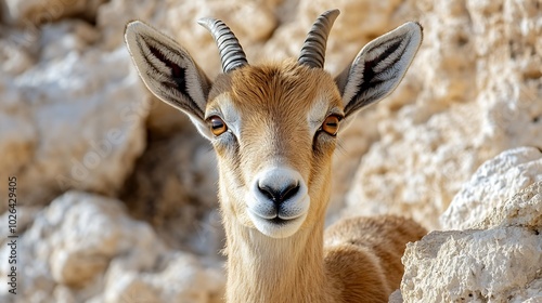 Head shot portrait of a young Nubian ibex in the Judea desert by the dead sea : Generative AI