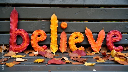 Autumn leaves spell believe on park bench