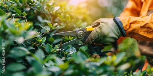 Close-up of hands trimming bushes with pruning shears.