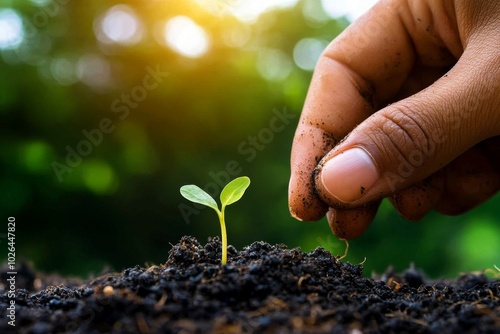 Minimalist close-up of a hand planting a seed, with just the hand, the seed, and the soil in focus, highlighting the beginning of the planting process