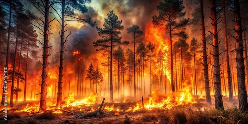 Panoramic view of infernal fire in forest ablaze